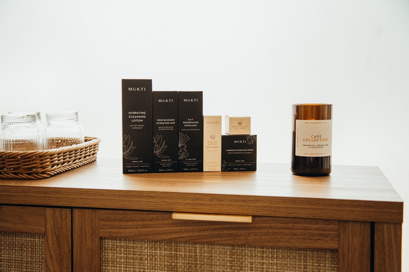 Mukti Organics products styled on a shelf